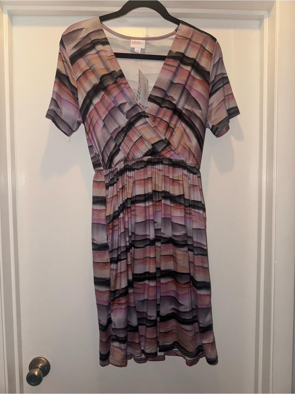 LuLaRoe  Multicolor Striped Cross Front Dress in Pink, Purple, Cream, Black